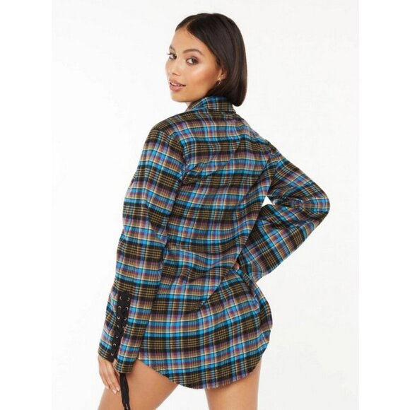 💕SAVAGE x FENTY💕 Tied-Up Tartan PJ Raw Hem Sleep Shirt Blue Plaid Small S NWT - Picture 8 of 16